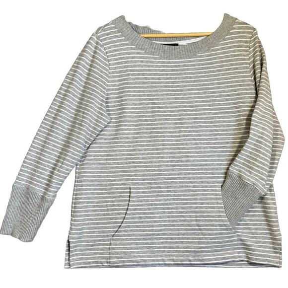 Talbots French Terry Sweater Medium Grey White Stripe Boat Neck Pocket Coastal - Picture 1 of 10